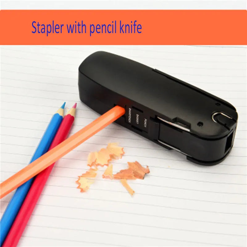 KOONSLED black multifunctional mini stapler with staple remover, 113x38x33mm size, on white background