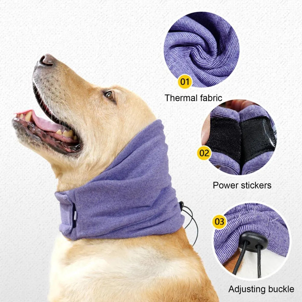 Polyester dog calming hoodie head wrap in black or purple colours with size options for noise reduction and hair management