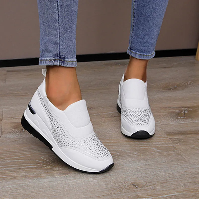 Women's rhinestone wedge shoes with hidden height increase, round toe PU upper, shown in black, pink, and white