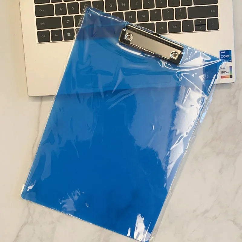 A4 transparent writing board pad with metal clip showing document display and writing surface
