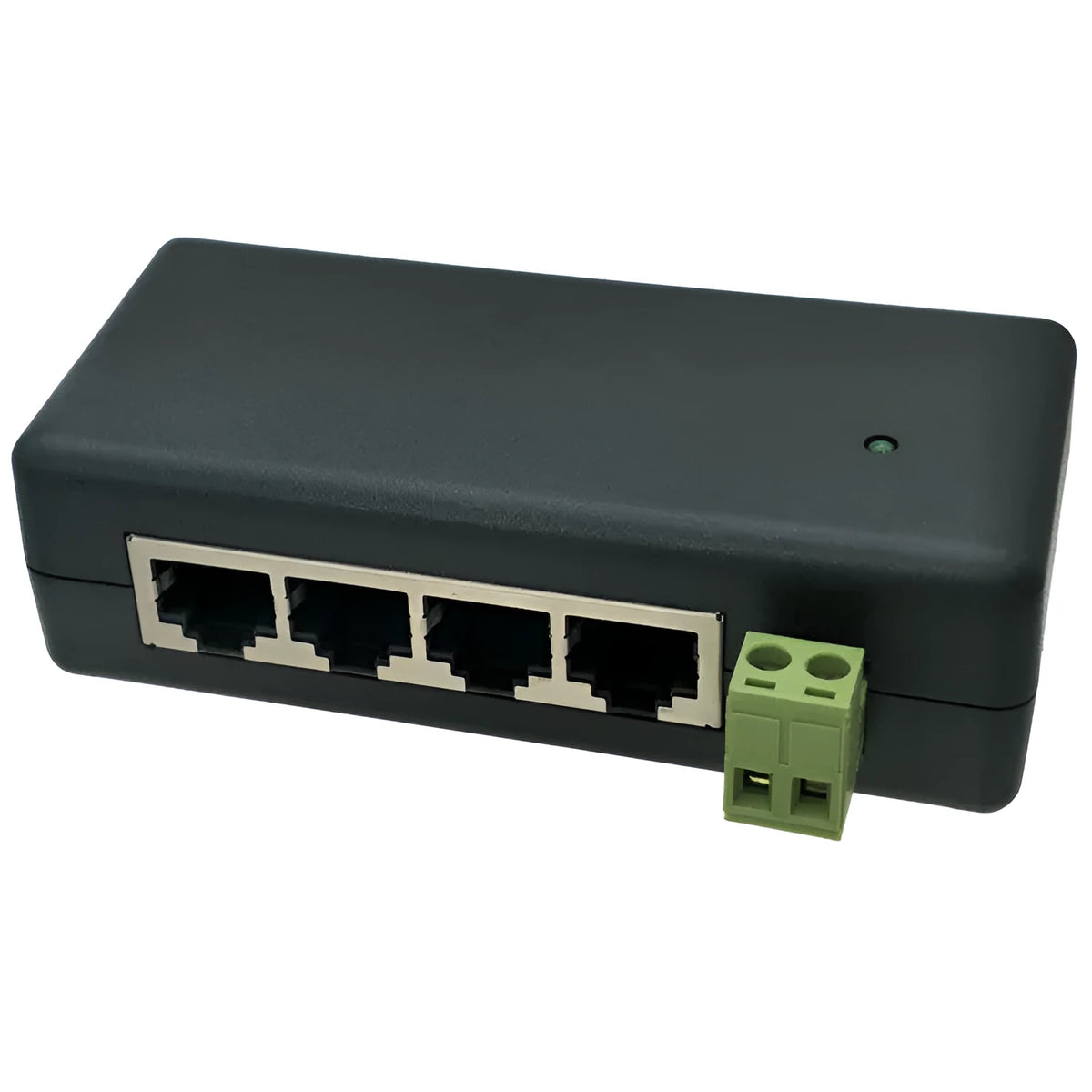 Four-port PoE DC power supply module in black plastic housing with RJ-45 interfaces