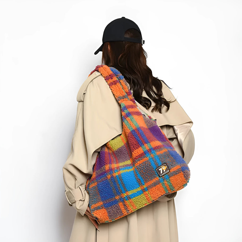 Women's soft plush plaid crossbody tote bag in army green with large capacity and internal zipper compartment