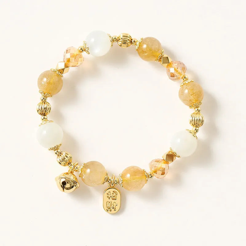 Korean style gold rutilated quartz crystal bracelet with electroplated finish and adjustable design