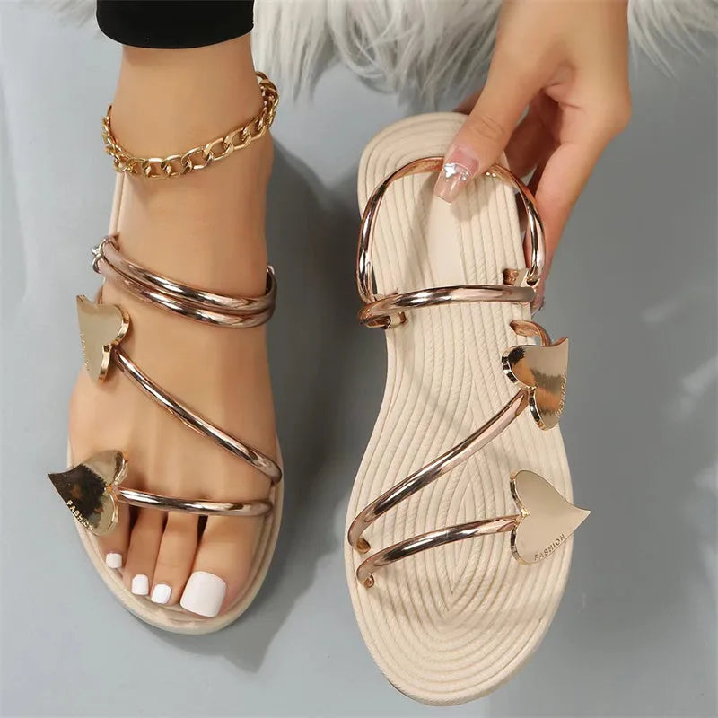 Heart shape flat slippers for women in gold colour with foam sole