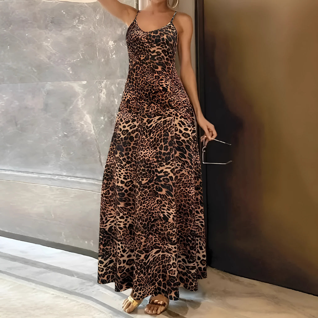 Dark brown leopard print sleeveless dress with shoulder straps and hip skirt cut