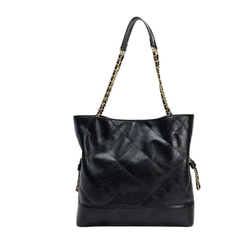 Special design large capacity black PU shoulder handbag with diamond chain detail and double straps
