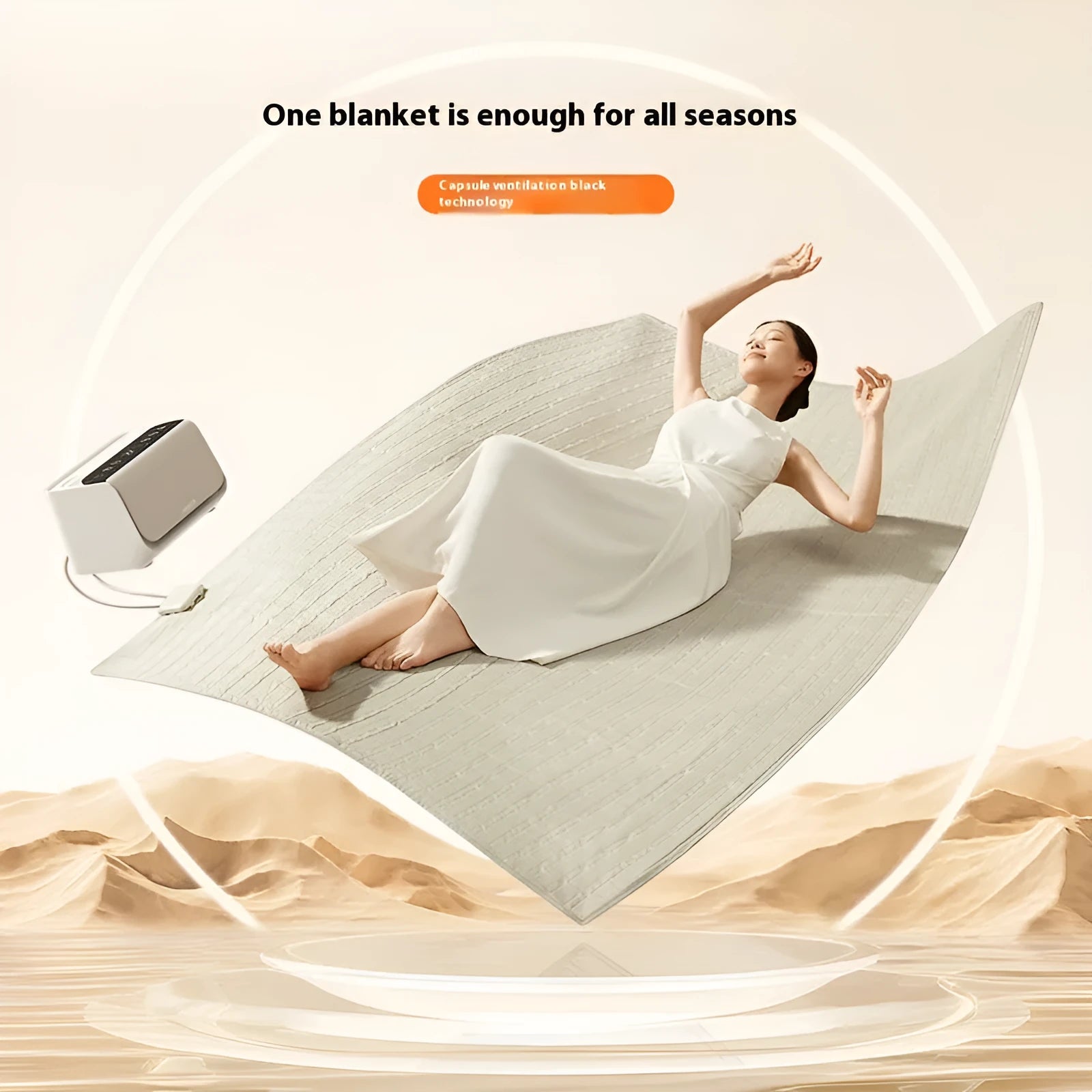 Aideng white electric water blanket with smart host controller on a bed.