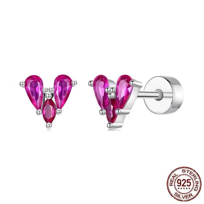 Rose red heart shaped 925 silver small ear studs for women on white background