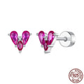 Rose red heart shaped 925 silver small ear studs for women on white background