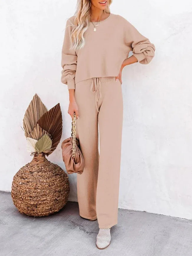 Women's casual solid colour two-piece set, long-sleeved top and trousers, polyester, beaded detail, in apricot colour