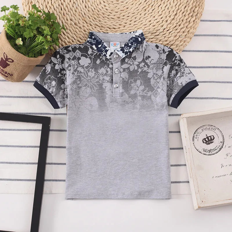 Boys' cotton short sleeve shirt with lapel collar in solid colour sports style
