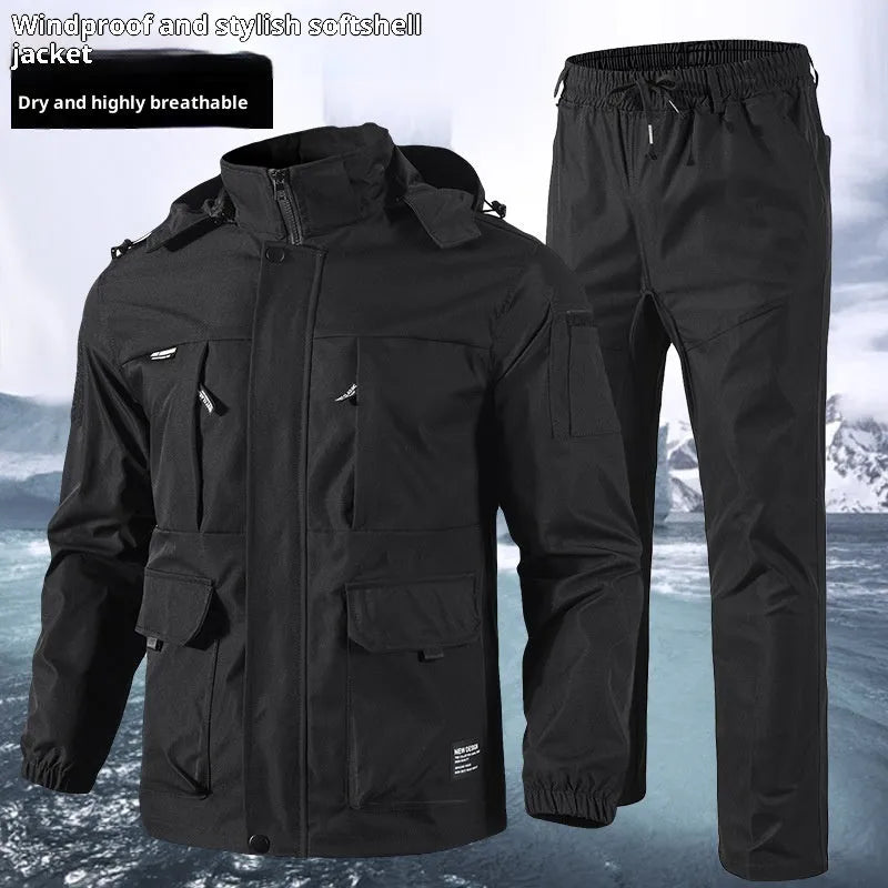 Men's camouflage suit jacket and trousers set in green forest colour, synthetic fibre, long sleeves, Asian size.