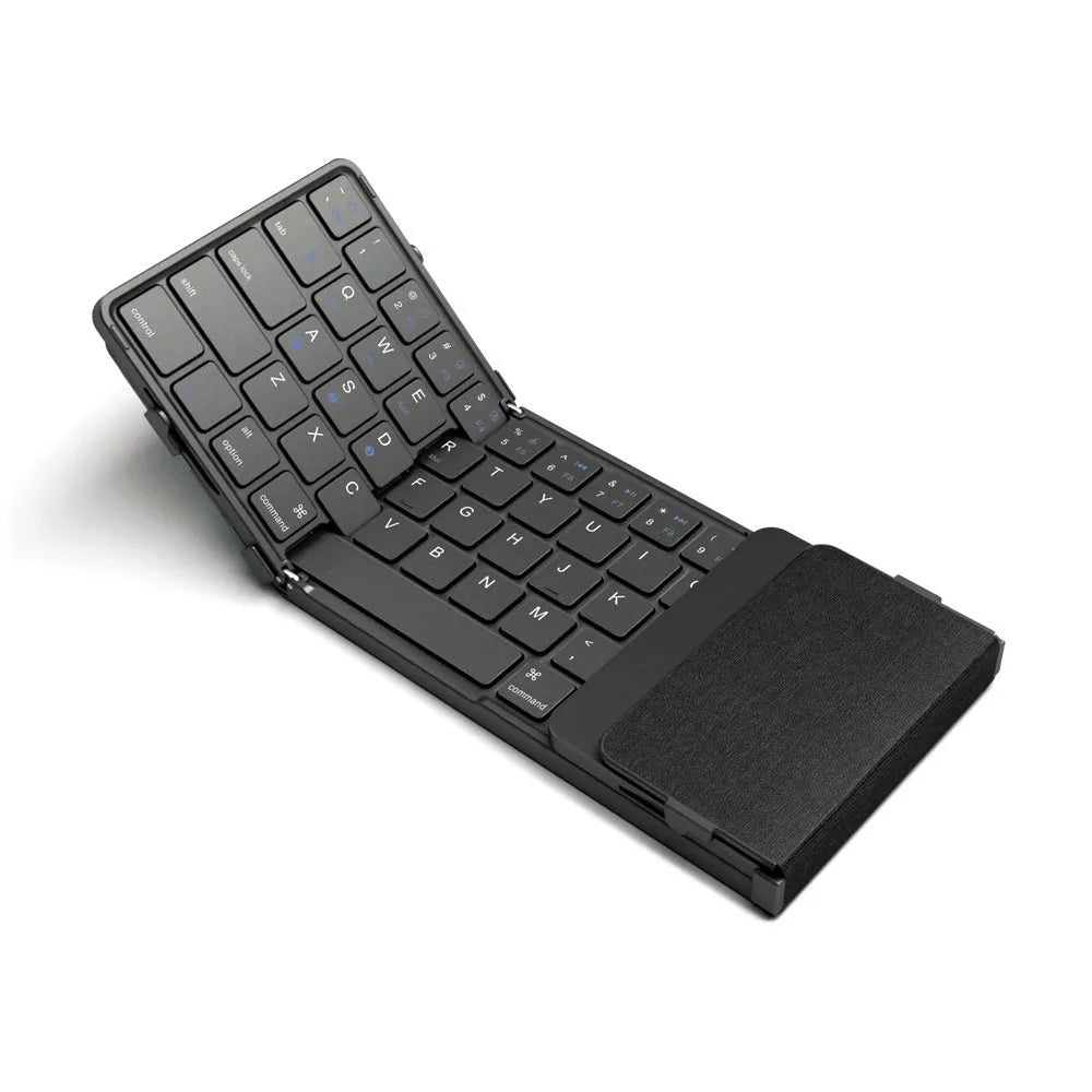 Black folding Bluetooth keyboard unfolded showing keys and touchpad option