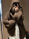 Women's thick hooded cardigan in loose fit, shown in dark grey, brown, and milky white solid colours.