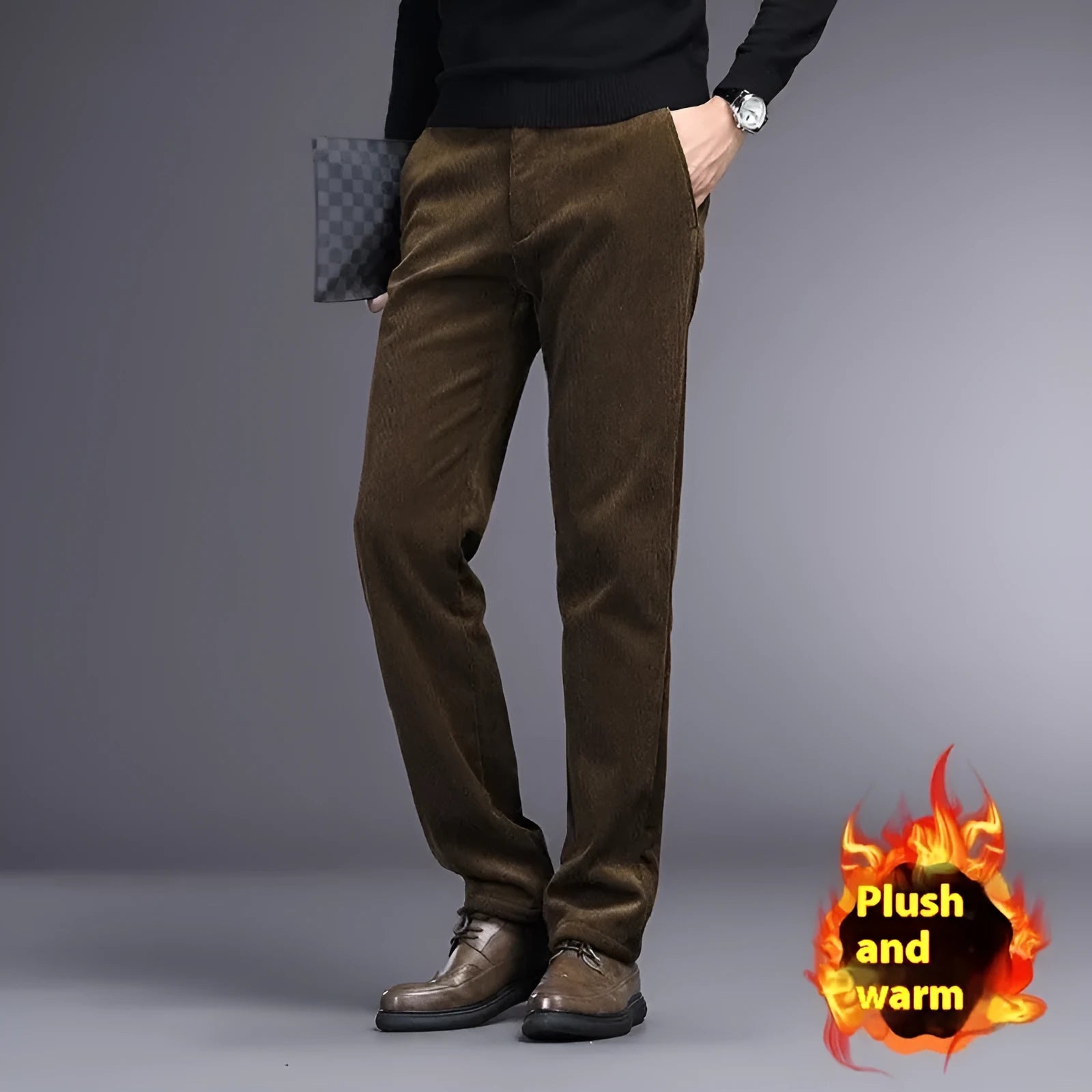 British retro striped straight-leg trousers in polyester blend fabric on size chart