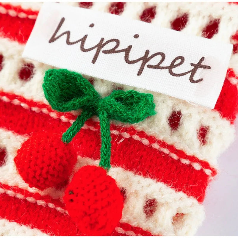 Red knitted cherry pet sweater with white stripes and 3D cherry embroidery for small dogs and cats