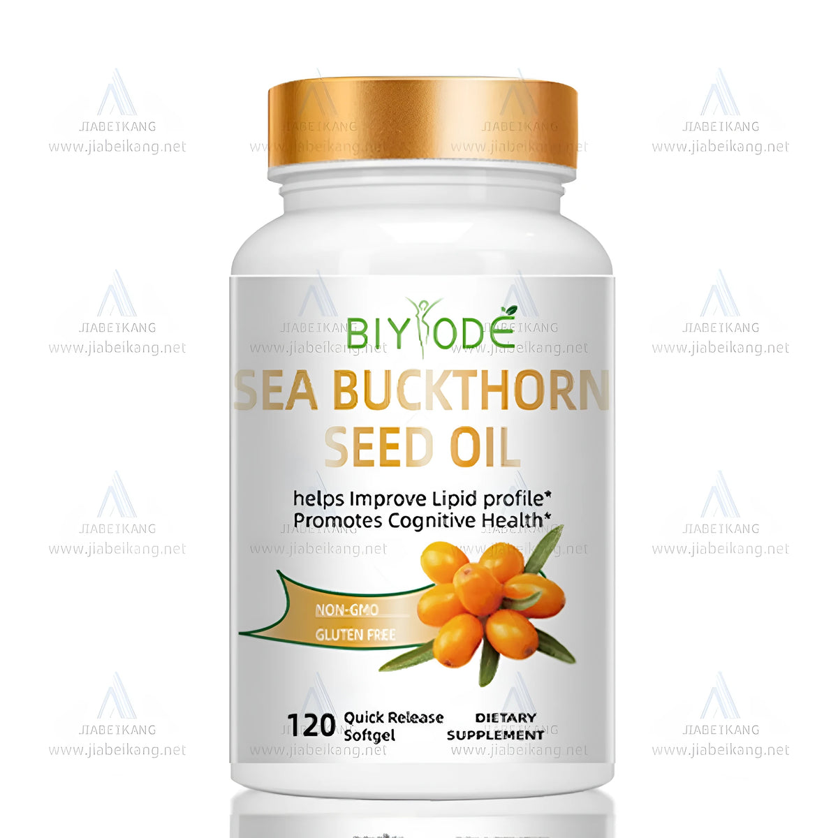 Wholesale OEM sea buckthorn softgel capsules, 120 per bottle, herbal supplement with GMP HACCP ISO certification.