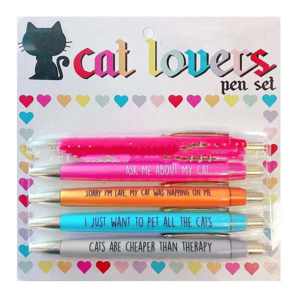 Set of five automatic push-action pens with cat and dog themed refills in a beaded storage bag.