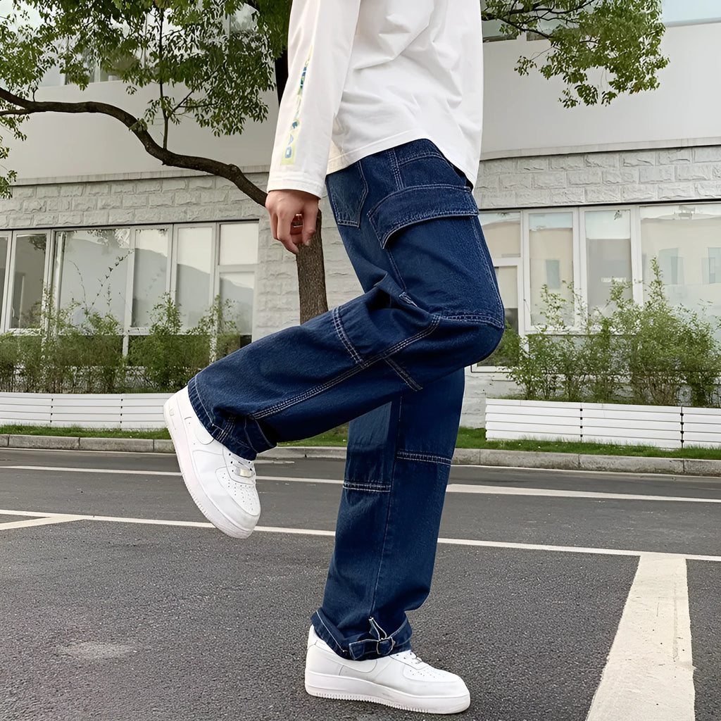 Men's wide leg linen jeans with wave dots pattern in black, dark blue, light blue