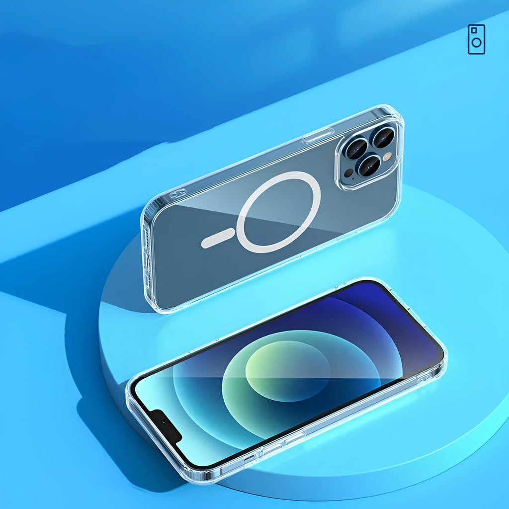 Transparent MagSafe magnetic airbag protective case for Apple iPhone 13 series.