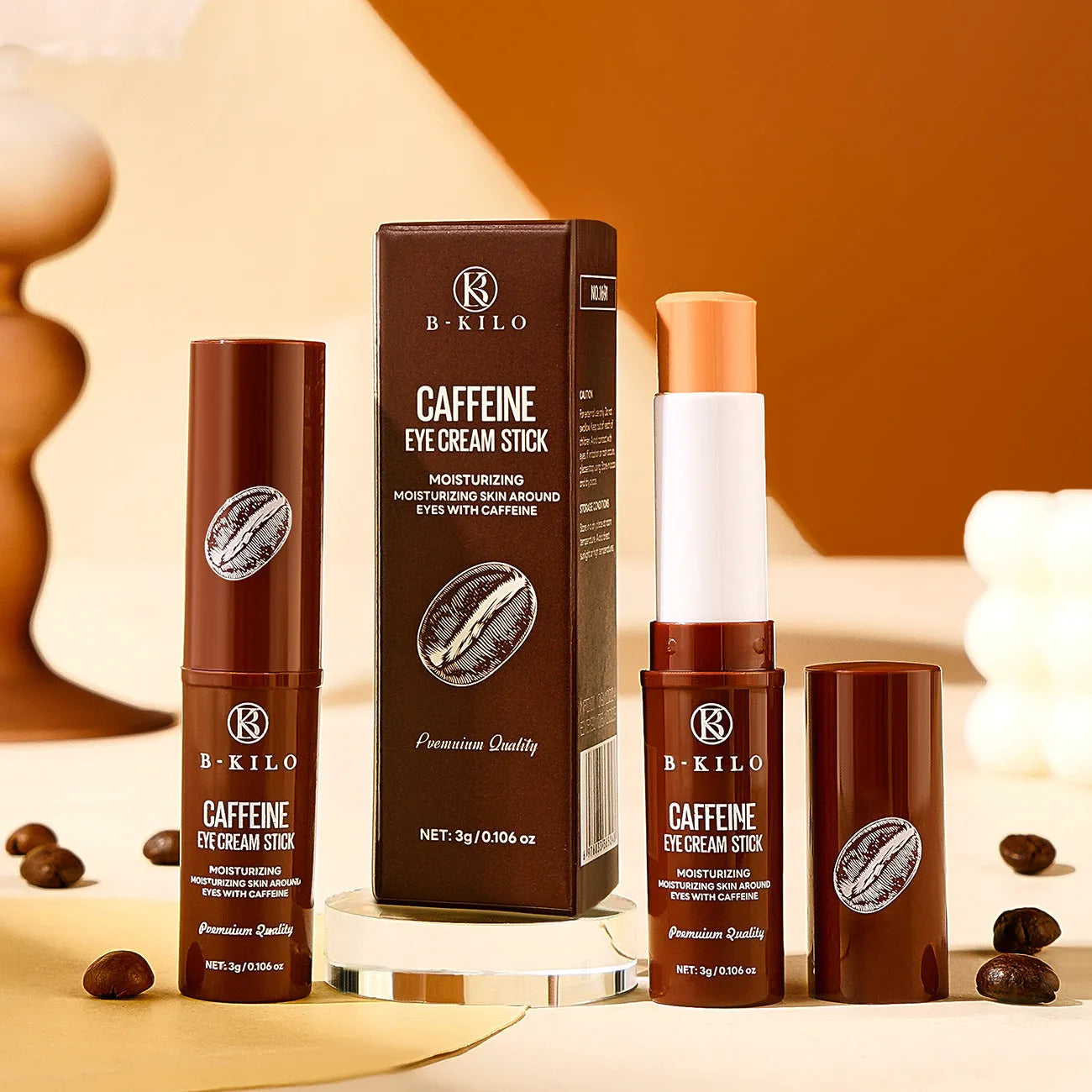 Caffeine Eye Cream Stick in a white tube applicator for under-eye dark circles and fine lines.