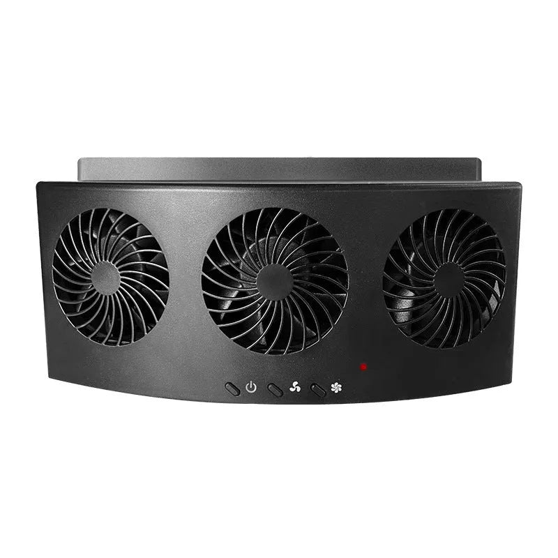 Black and white USB car ventilation fan for vehicle air circulation and odour removal