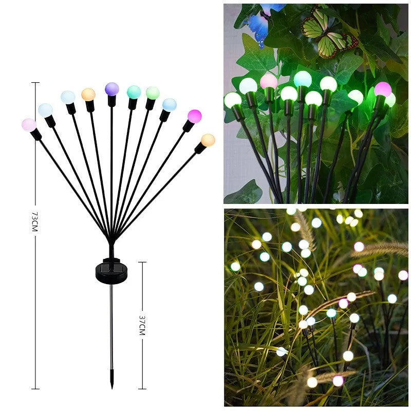 Solar-powered LED firefly ground lamp with multiple heads and ground spike for garden installation