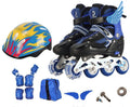 Adjustable children's inline skates in five colours with aluminium frame, helmet and protective gear