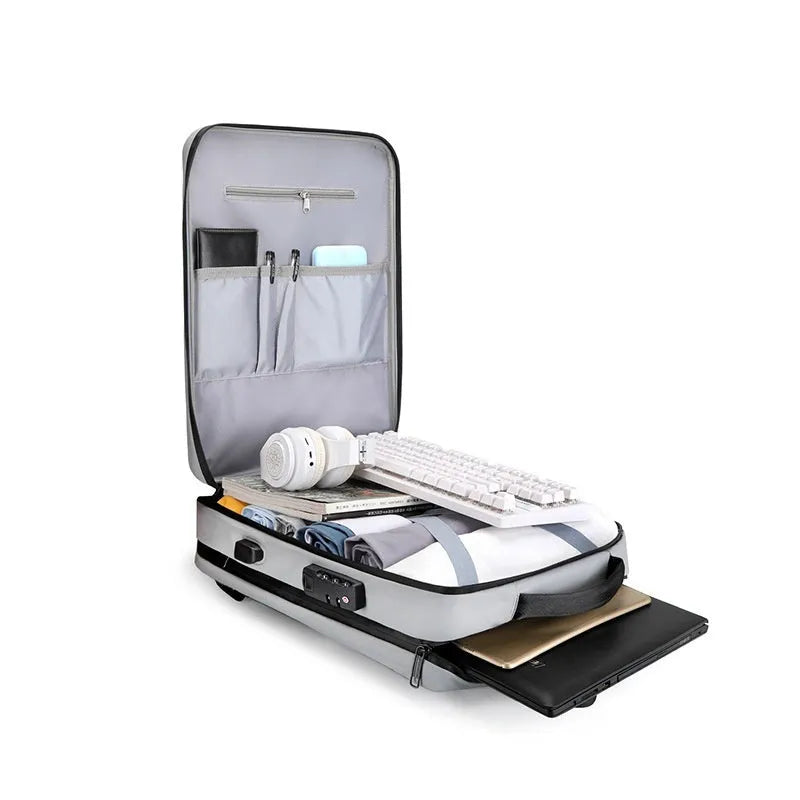 Men's black and silver white waterproof business backpack in street trend style with curved shoulder straps.
