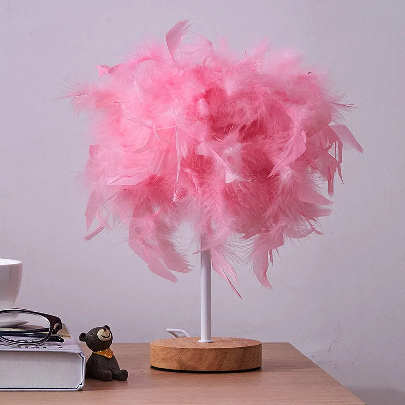 LED feather table lamp with wooden art base, USB cable with switch, available in pink or white feather models