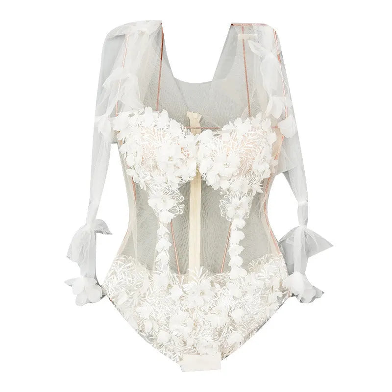 White one-piece swimsuit with see-through lace embroidered triangle backless design, nylon and spandex, sizes M L XL