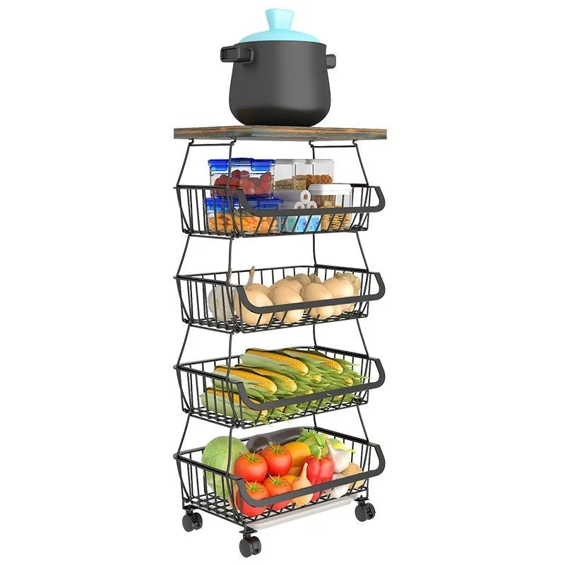 Black six-tier metal kitchen storage trolley with wheels on a wooden floor.