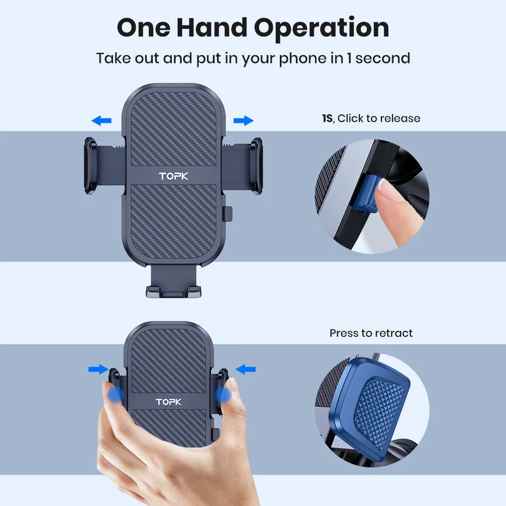 Universal in-car phone holder with suction cup and buckle mount for windscreen, air vent, or dashboard