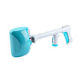 Blue plastic extended handle toilet clamp for pet waste pickup on a white background