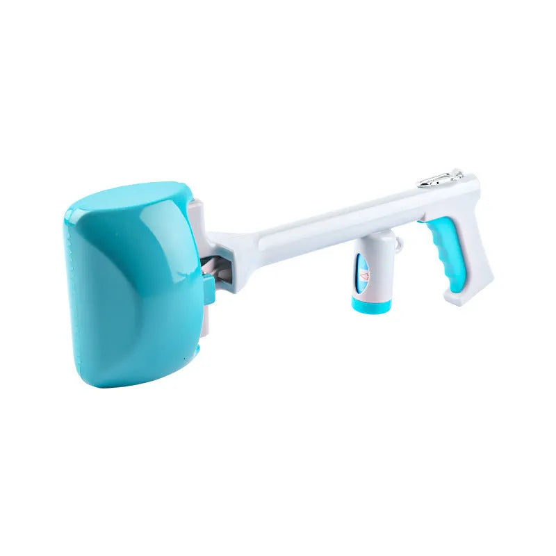 Blue plastic extended handle toilet clamp for pet waste pickup on a white background