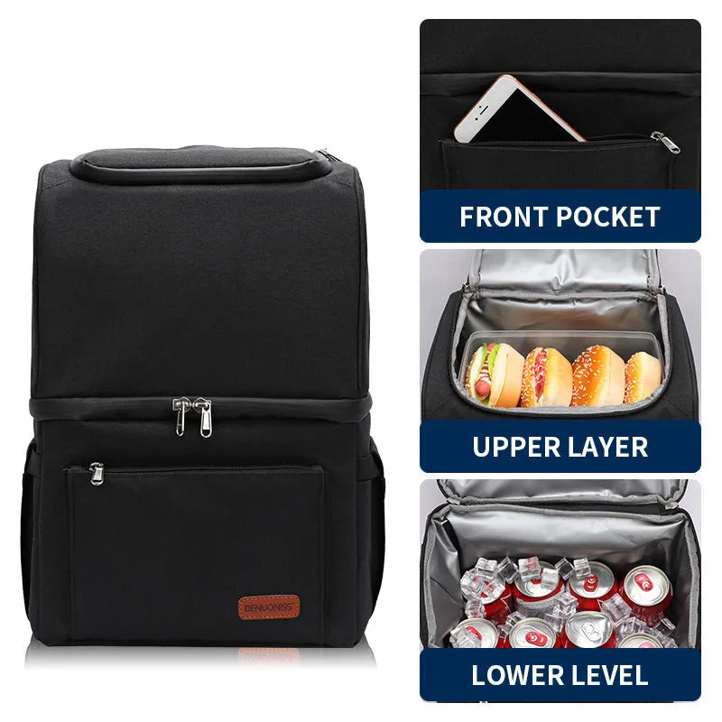 Blue double layer insulated backpack with large main compartment and adjustable straps.