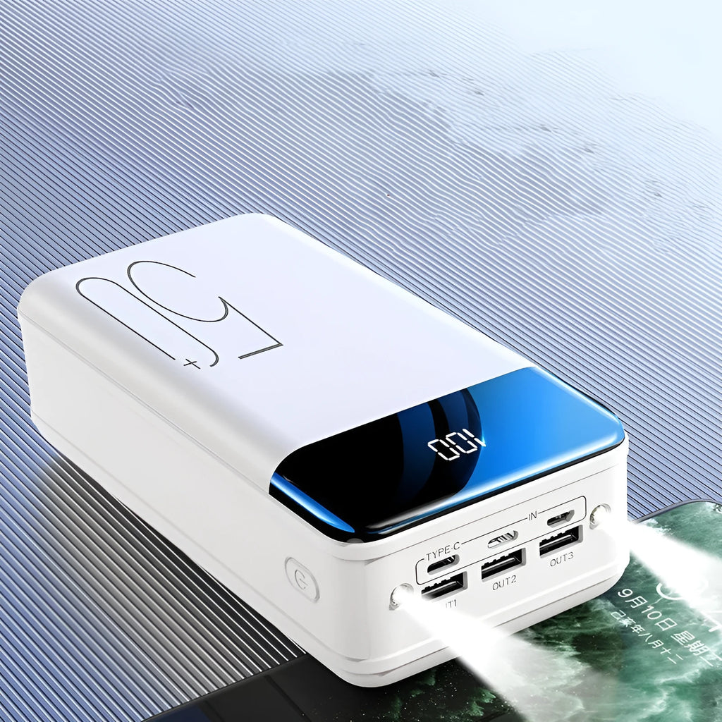 Large 50000mAh power bank in black or white with three charging ports and polymer lithium-ion cells