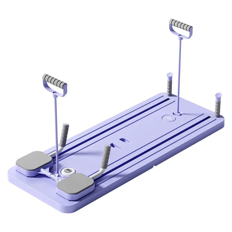 Standard purple household fitness board with automatic rebound abdominal wheel on a stable PP plastic base.