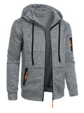 Men's hooded cardigan sweater in solid colour polyester jacquard knit, loose fit, long sleeve, sizes S to 3XL, five colours.
