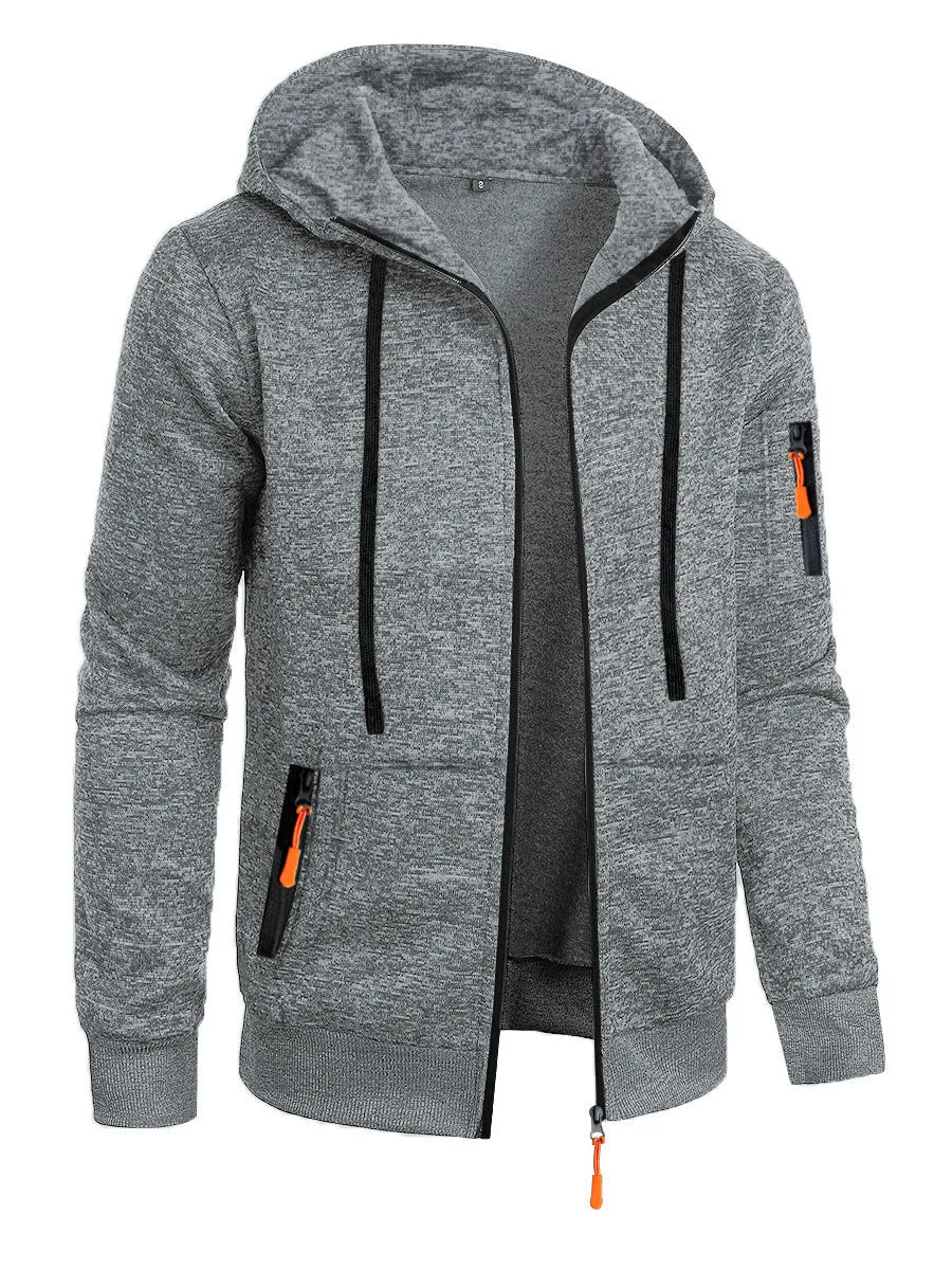 Men's hooded cardigan sweater in solid colour polyester jacquard knit, loose fit, long sleeve, sizes S to 3XL, five colours.