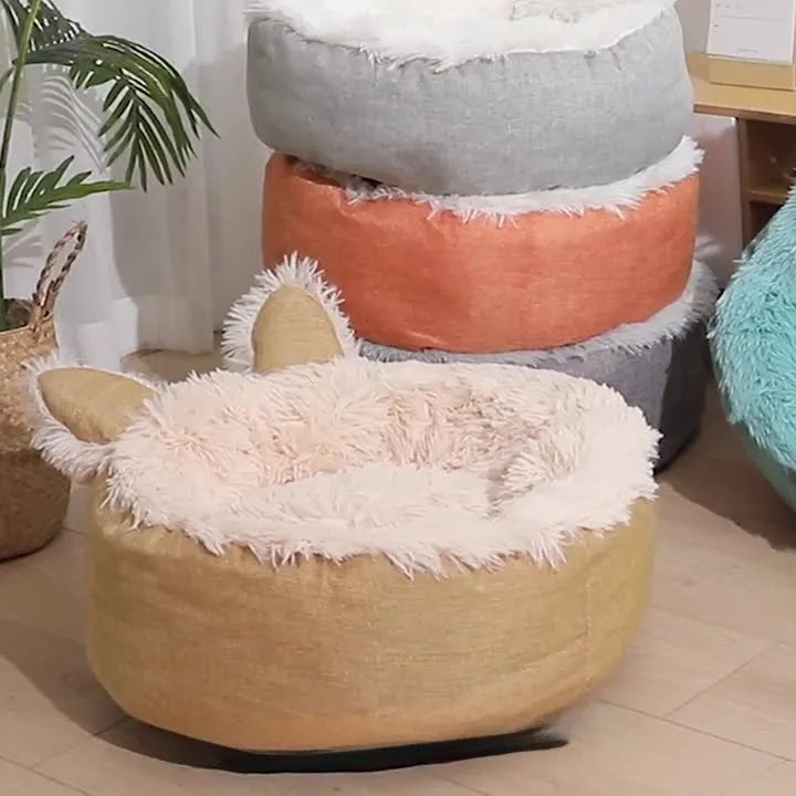 Round plush faux fur cat bed in blue, grey, orange, white or yellow, sizes XS 35cm to XL 75cm