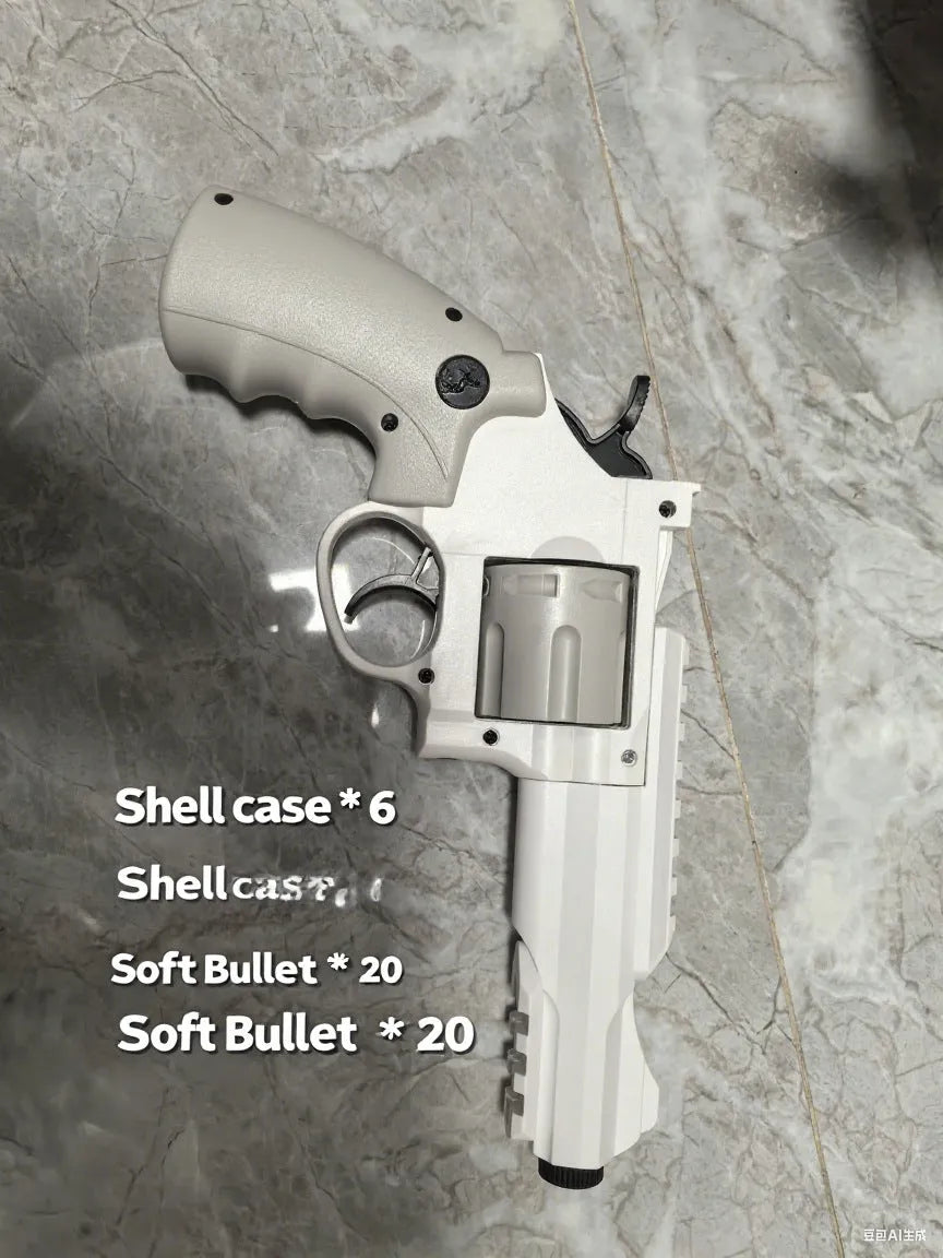 Plastic revolver soft bullet gun with 20 bullets and 6 cartridge cases in army green colour box
