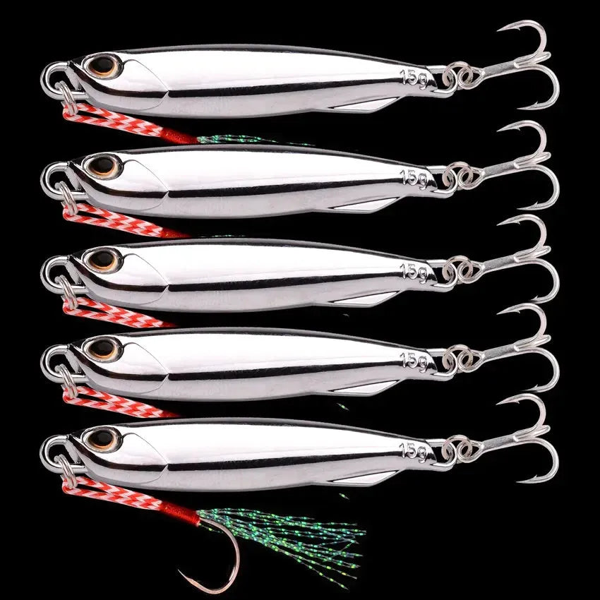 15g silver plated metal jig lure for sea fishing, 5-pack on OPP bag