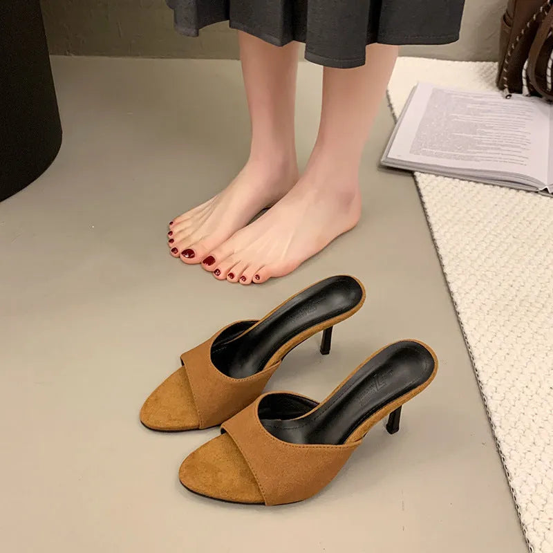 Women's suede high heel slippers fish mouth open toe in khaki and black sizes 35-43