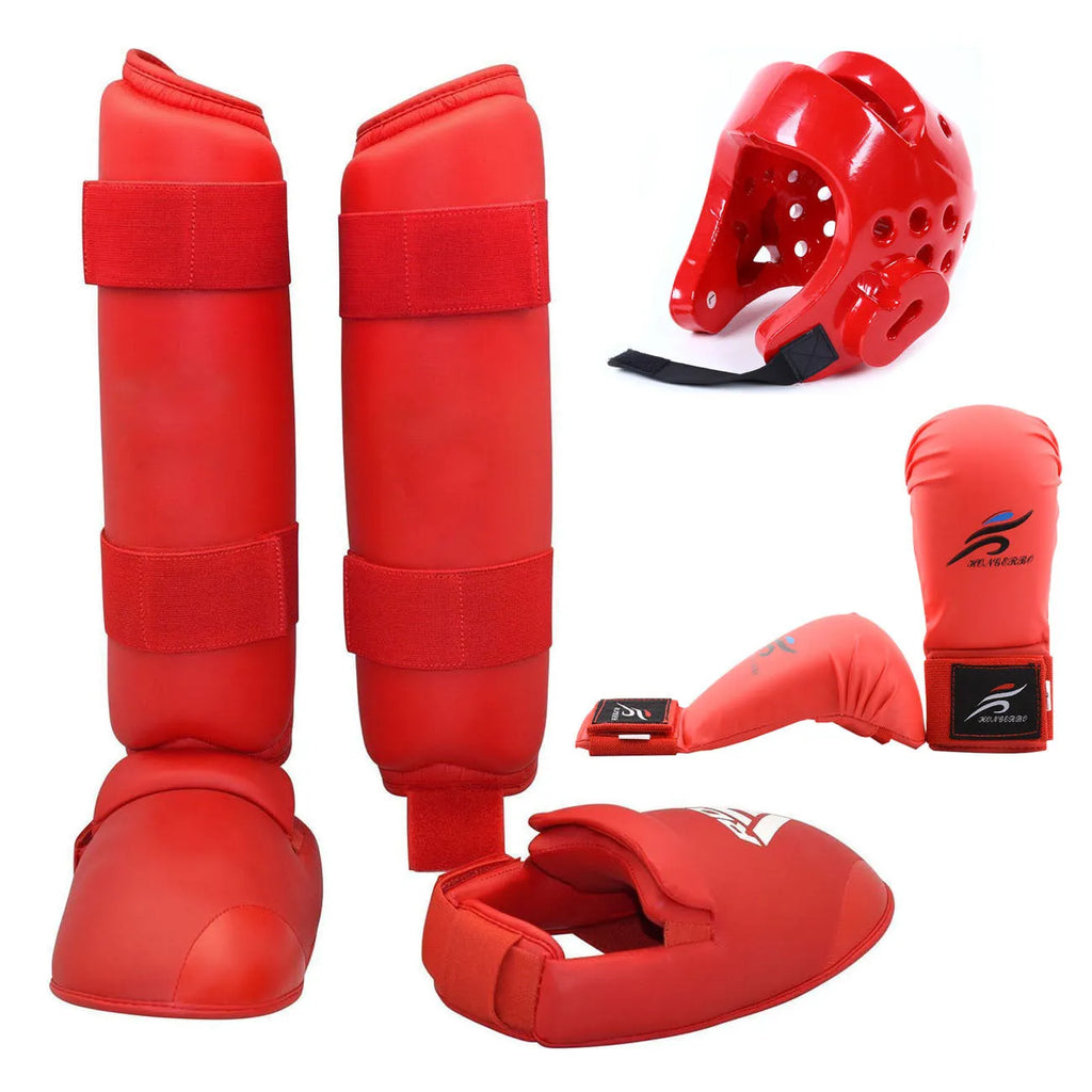 Red and blue karate protective gear set showing leg guards, helmet, and boxing gloves for martial arts training