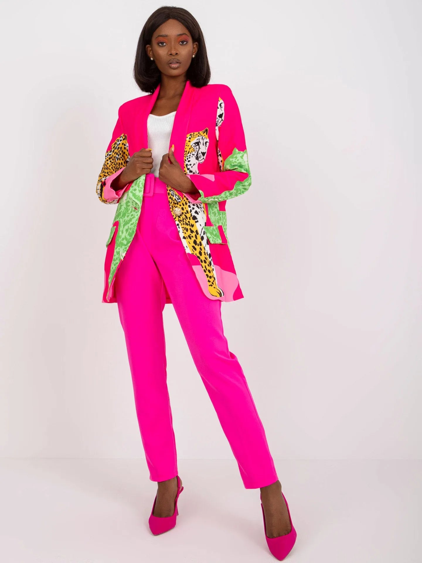 Leopard print slim fit long suit jacket for women, medium length 65cm, black with contrast colour, front pocket, street fashion style