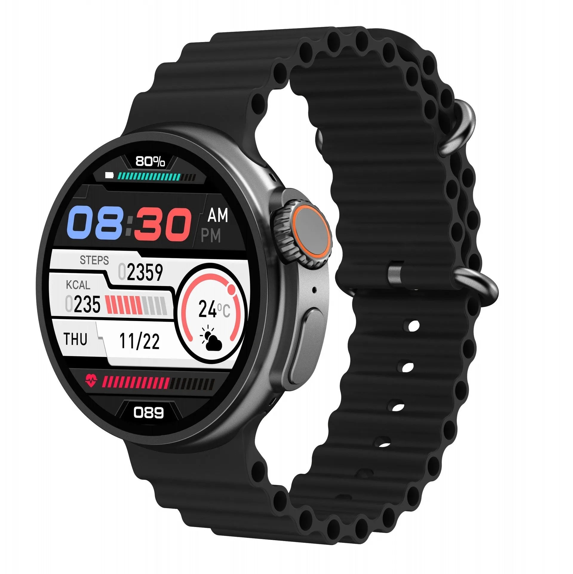 K9 smart watch in black with round colour screen on a silicone strap, showing a fitness stats dial.