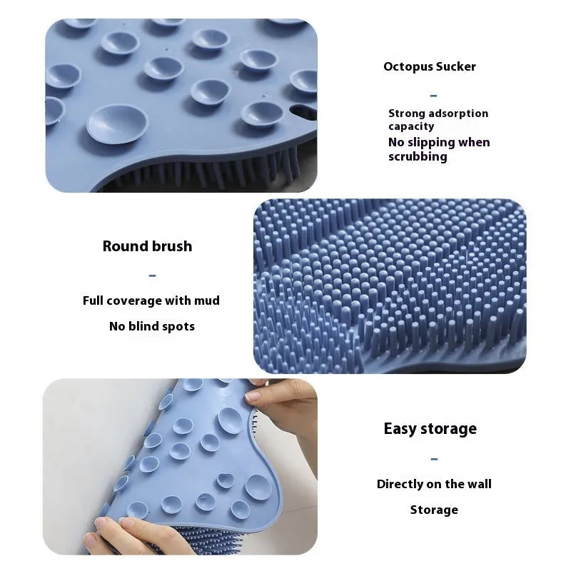 Blue silicone bath scrub mat for back washing, measuring 31cm by 32cm, mounted on a shower wall.