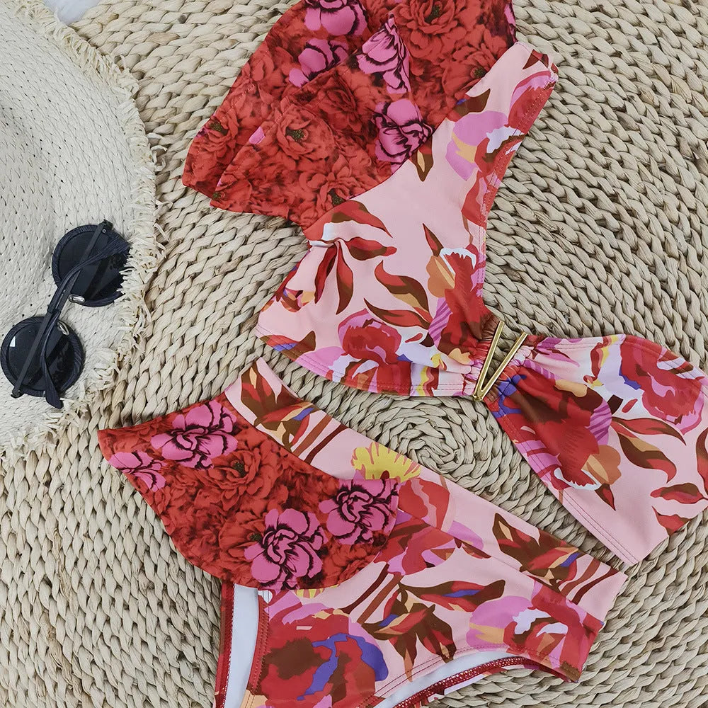 Women's pink floral print one-shoulder bikini with ruffles and high-waist briefs