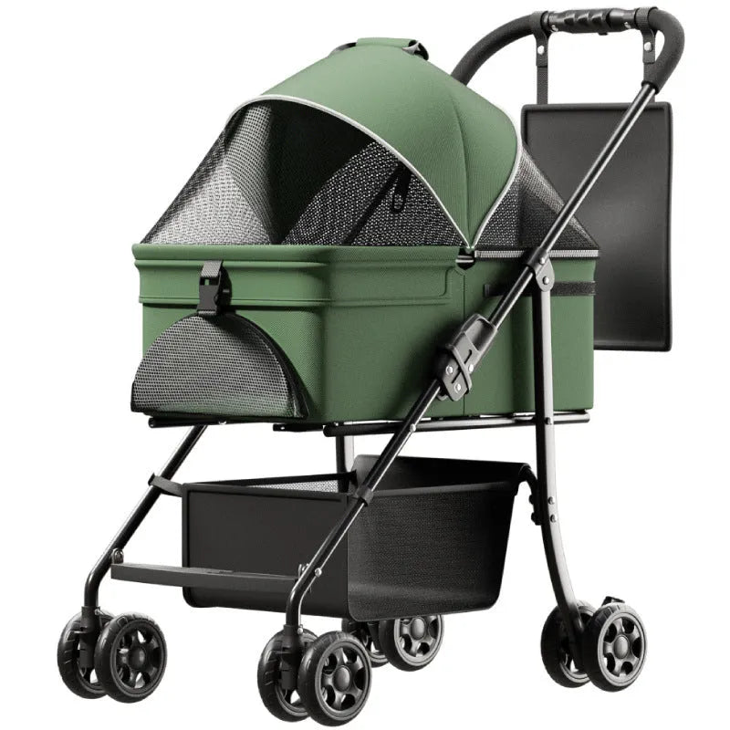 Black warrior style pet cart with detachable components and one-click folding mechanism
